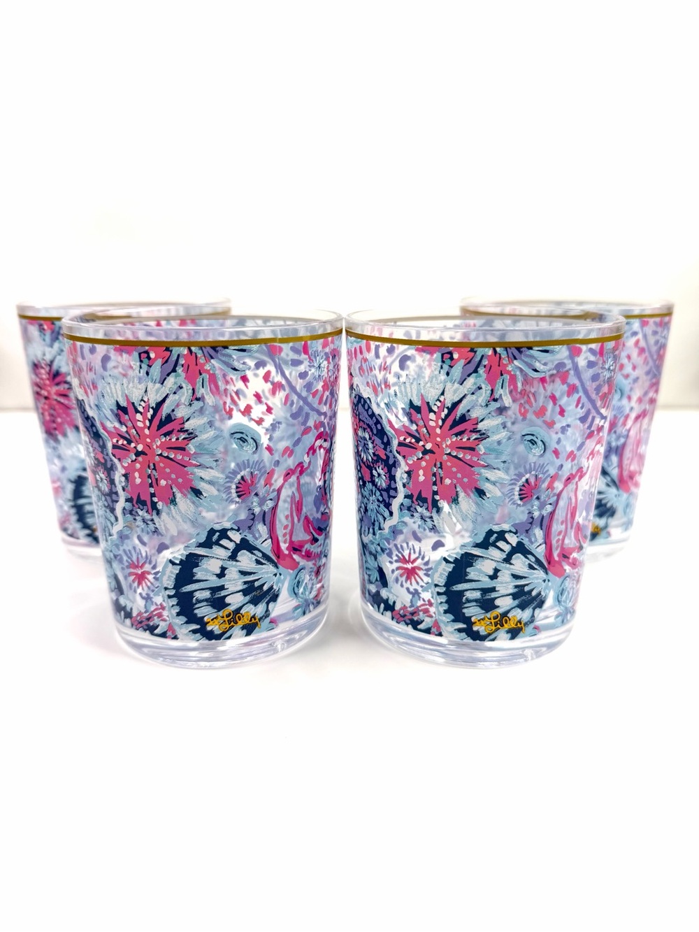 Lilly Pulitzer Pink Blue Gypsea Girl Set of 4 Tumbler Acrylic Lo Ball Glasses